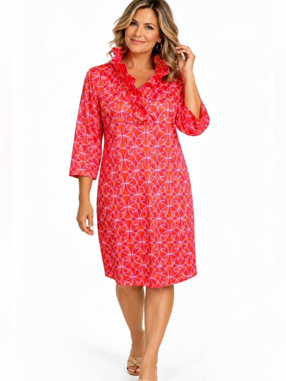 Gretchen Scott Ruffneck Dress L Orange Pink Geometric Floral Ruffle 3/4 Sleeve